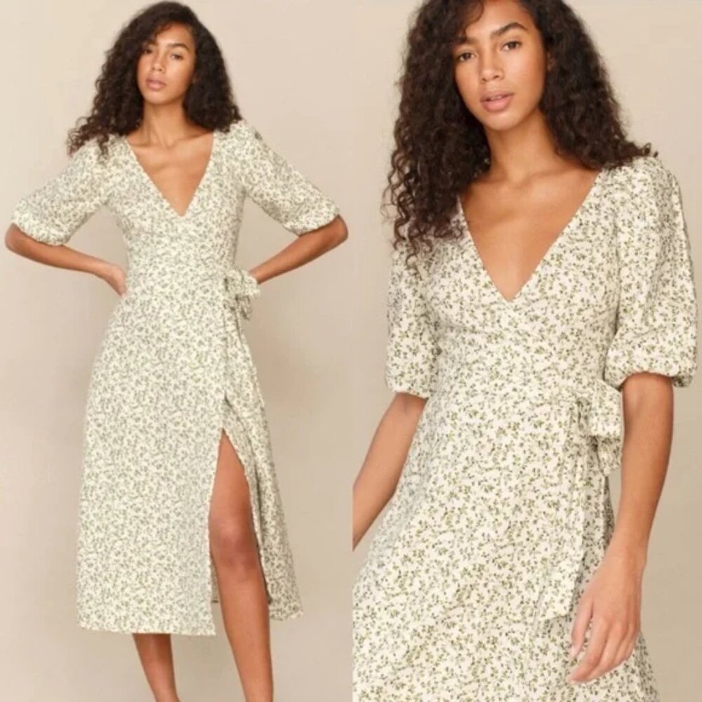 Reformation Linen Puff Sleeve Floral Midi Wrap Dress in Mint